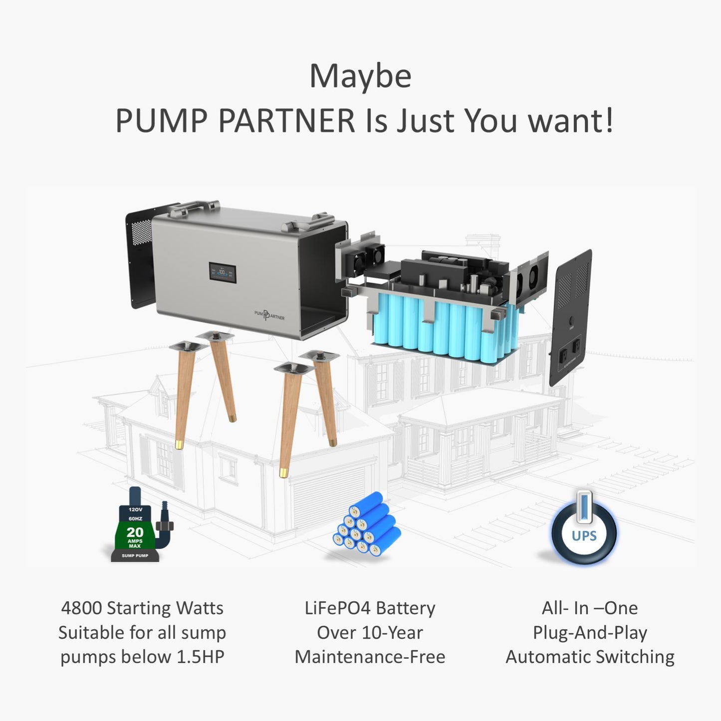 Heavy-Duty Backup Power for 120V Sump Pumps Engineered for extreme storms and 1–3 day outages. Features a built-in 51.2V 40Ah LiFePO₄ battery for reliable, automatic sump pump operation when you need it most.